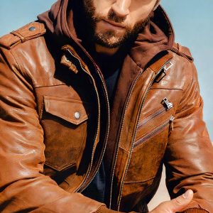 Blouson d’hiver en cuir à capuche amovible pour homme