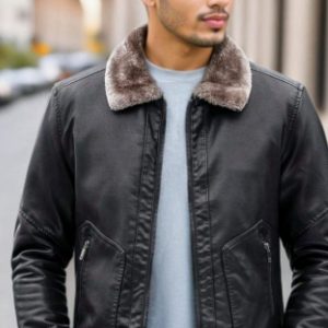 Blouson simili cuir à col fourré et style décontracté