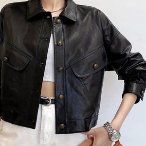 Blouson cuir court à col rabattu