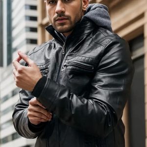 Blouson simili cuir noir décontracté à capuche