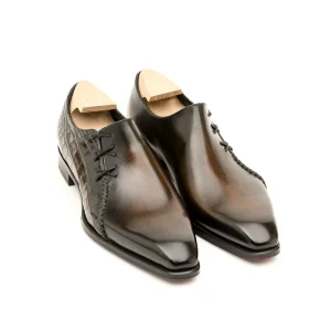 Richelieu à laçage latéral Lucas, bi-matière Crocodile Chocolat