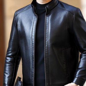 Blouson en cuir à col montant style décontracté