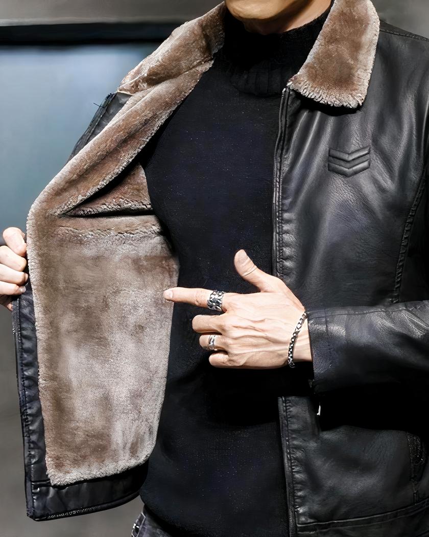 Blouson fourré avec col en fausse fourrure en simili cuir pour homme – Image 5