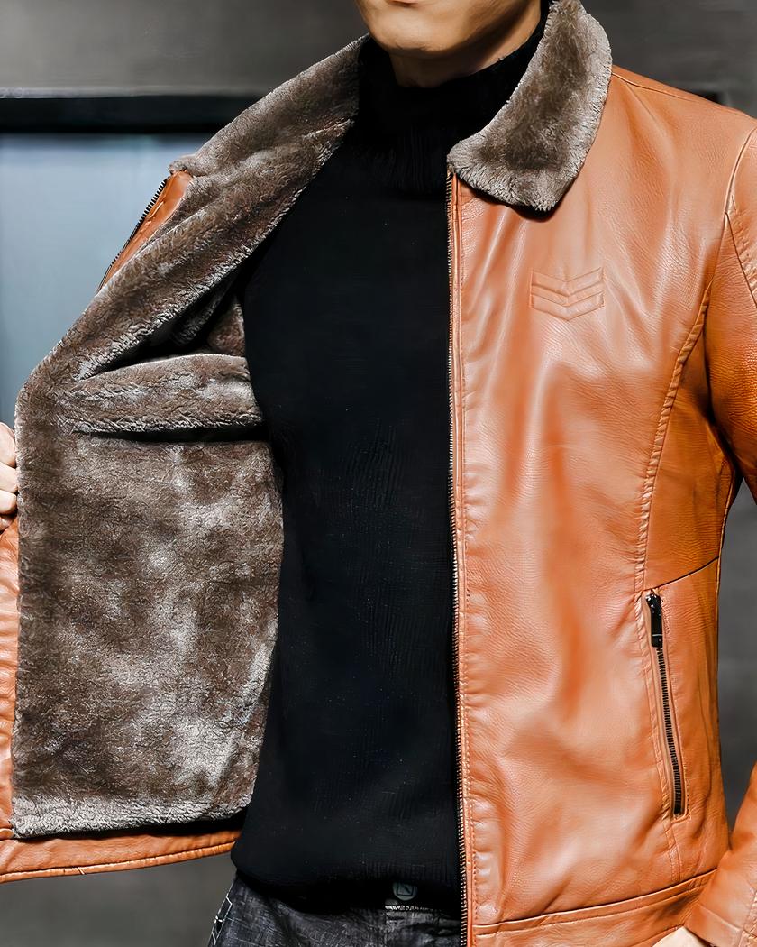 Blouson fourré avec col en fausse fourrure en simili cuir pour homme