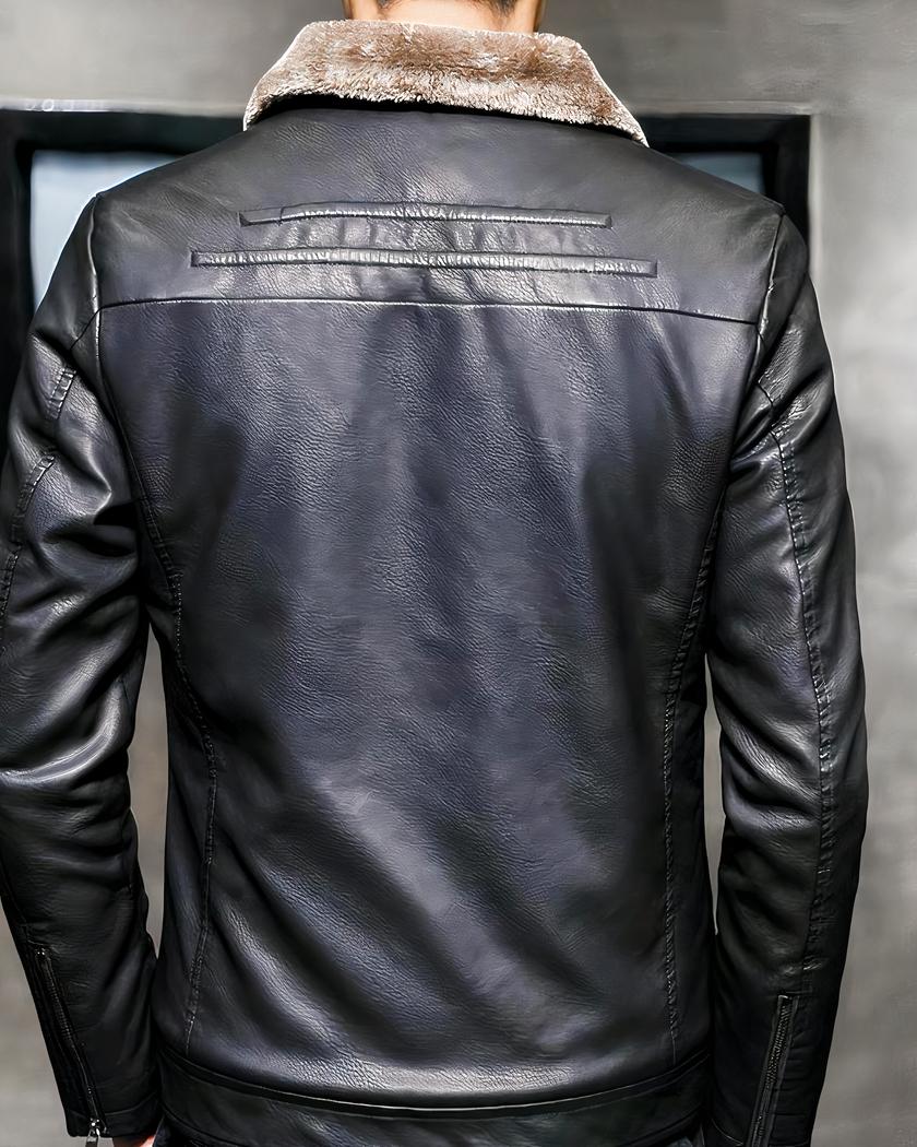 Blouson fourré avec col en fausse fourrure en simili cuir pour homme – Image 3