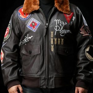 Blouson en cuir marron vintage avec col en fourrure pour homme