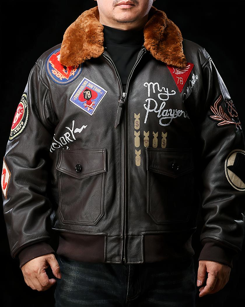 Blouson en cuir marron vintage avec col en fourrure pour homme – Image 2