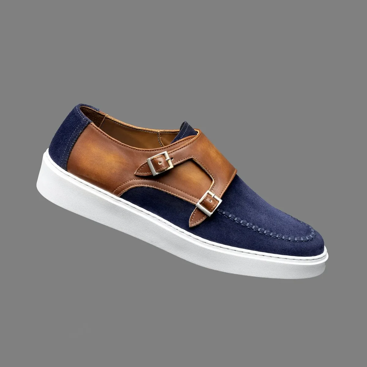 Derby à boucles Altan Bottier en cuir de veau velours bleu marine et cuir de veau lisse Cognac – Image 3