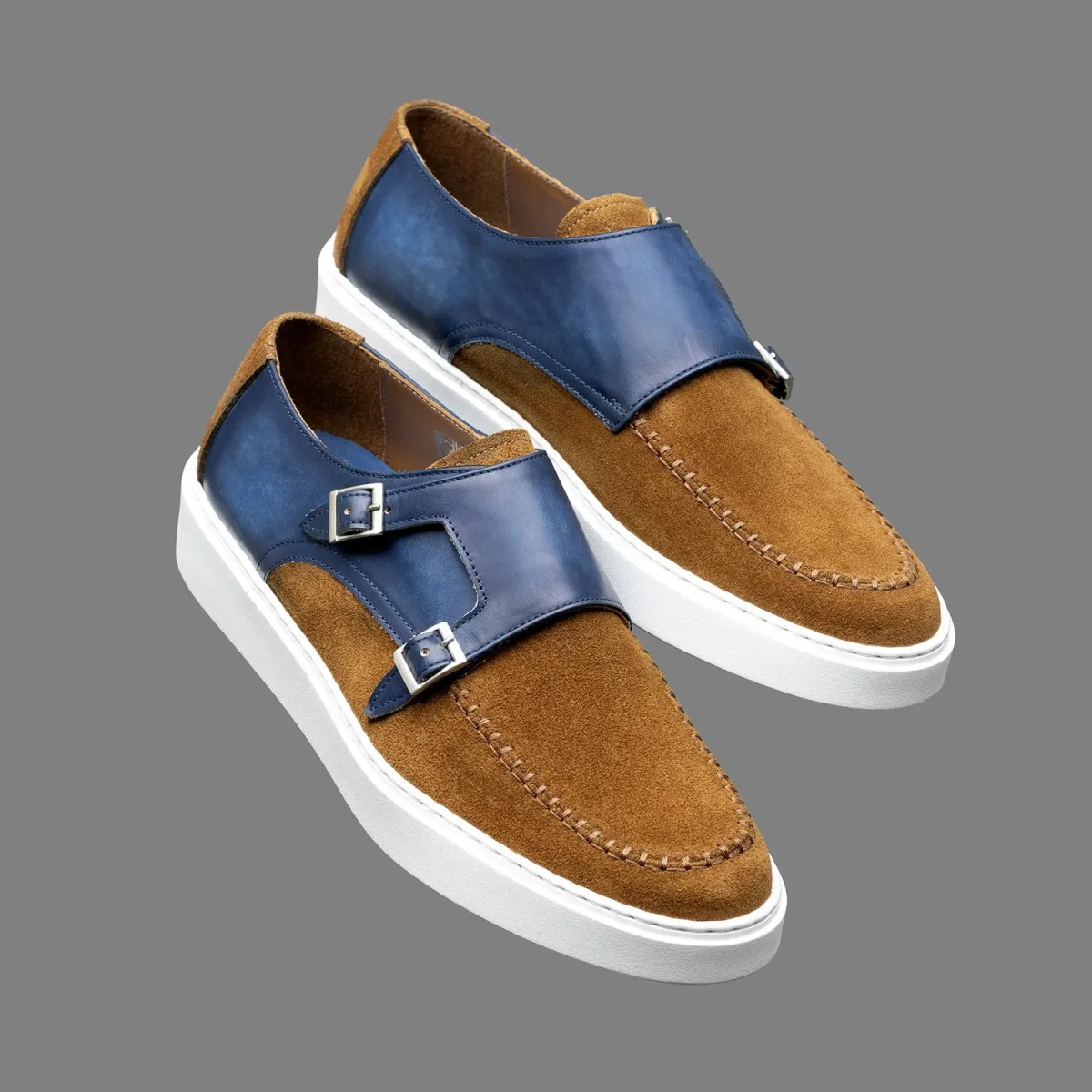 Derby à boucles Altan Bottier en cuir de veau velours Cognac et cuir de veau lisse bleu marine – Image 2