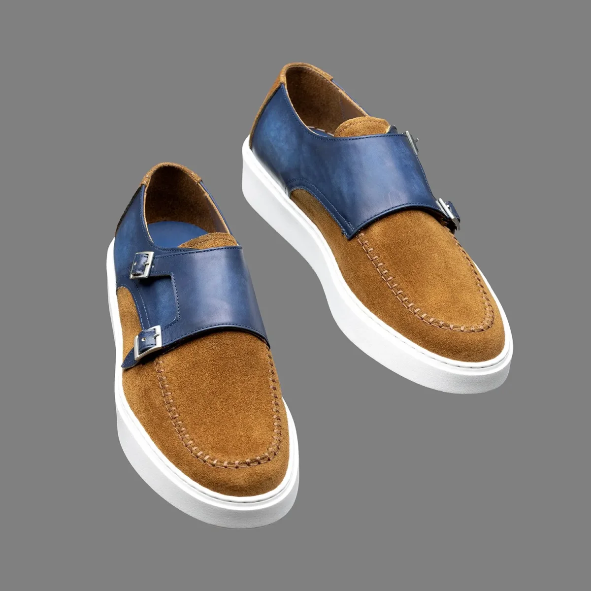 Derby à boucles Altan Bottier en cuir de veau velours Cognac et cuir de veau lisse bleu marine – Image 4