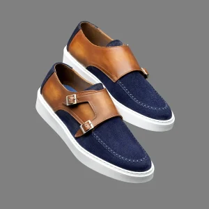 Derby à boucles Altan Bottier en cuir de veau velours bleu marine et cuir de veau lisse Cognac