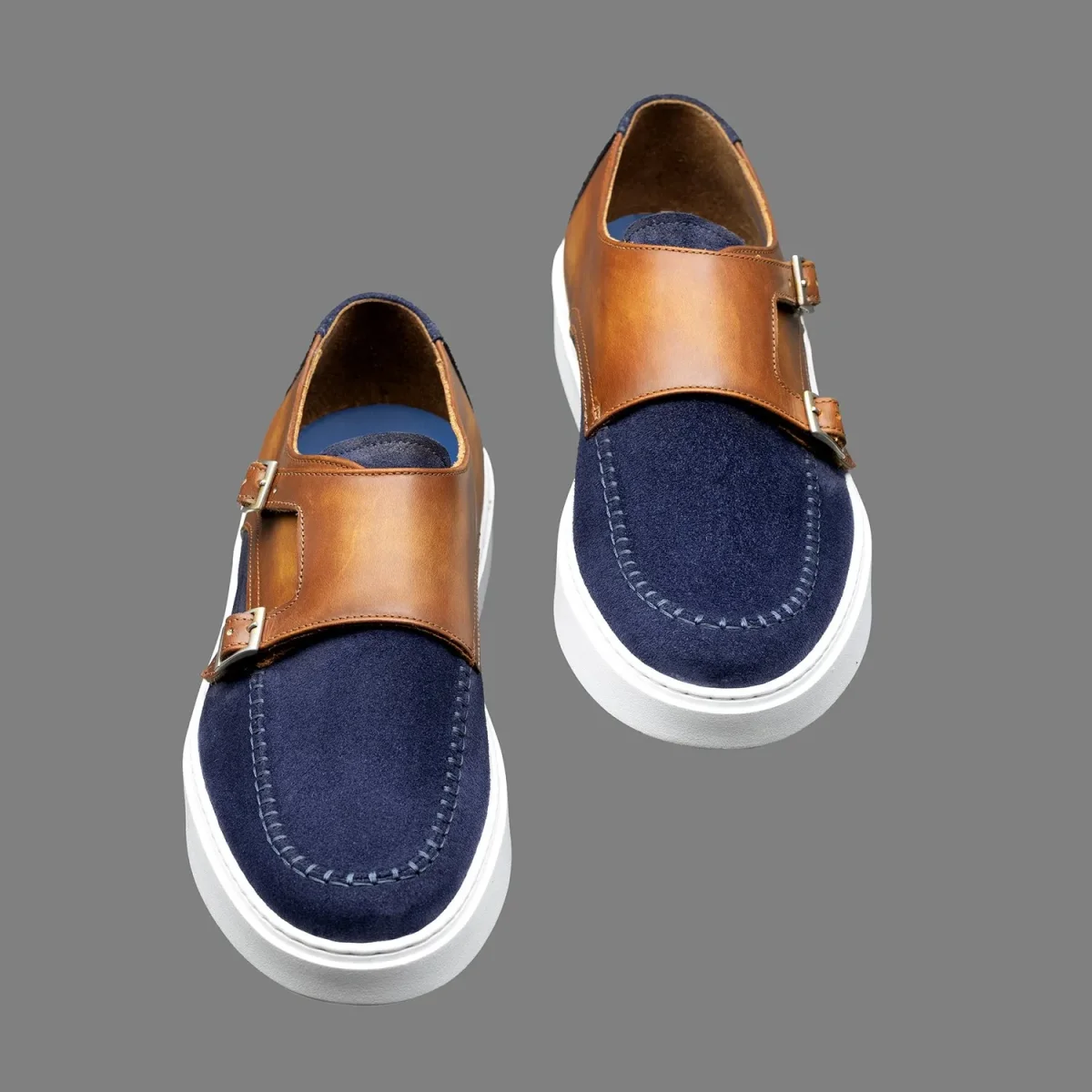 Derby à boucles Altan Bottier en cuir de veau velours bleu marine et cuir de veau lisse Cognac – Image 5