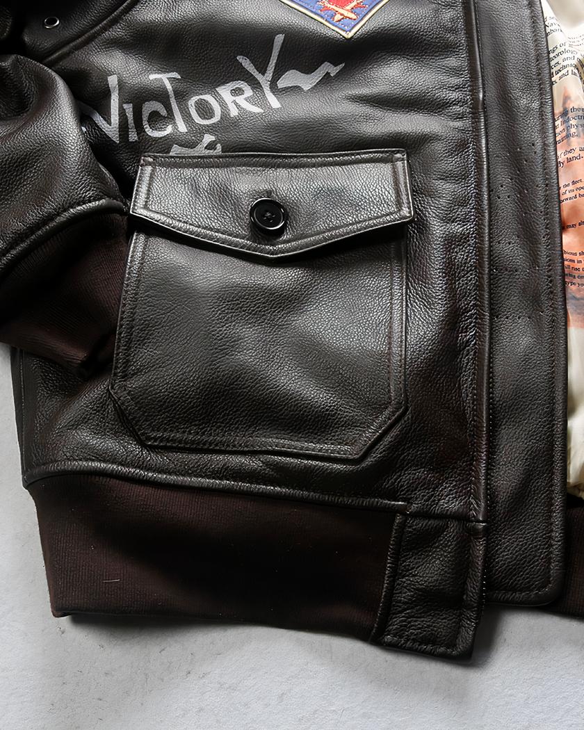 Blouson en cuir marron vintage avec col en fourrure pour homme – Image 5