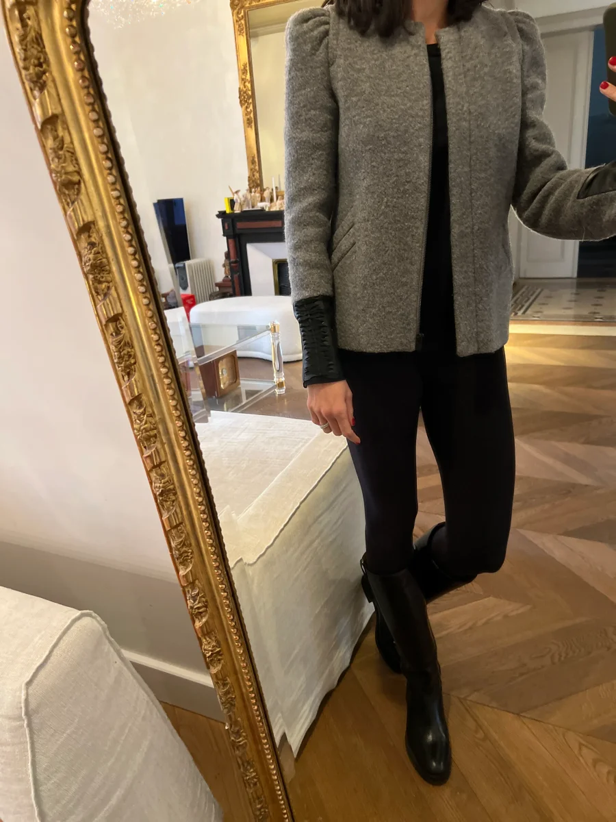 Veste Maje en laine grise col en cuir