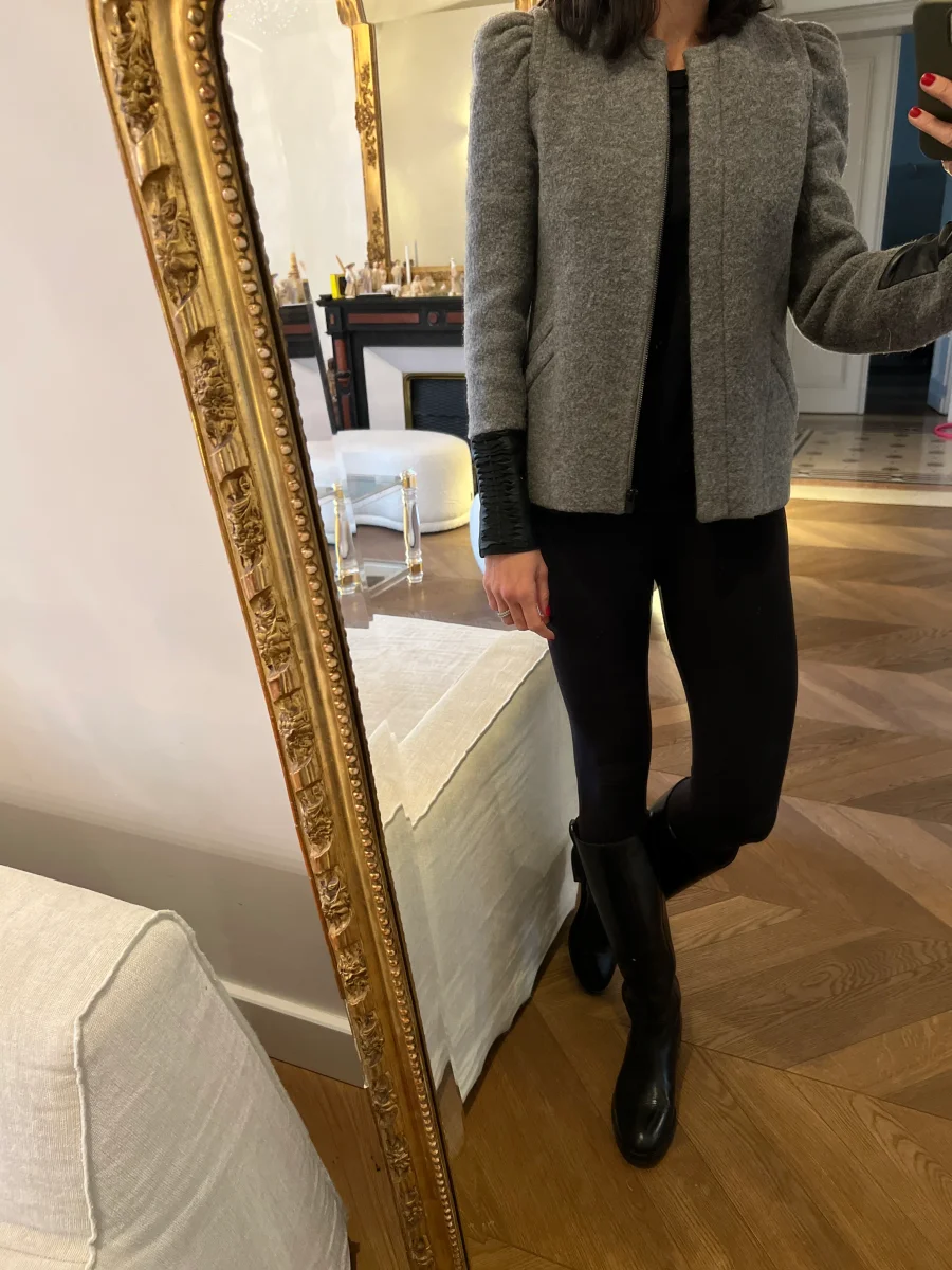 Veste Maje en laine grise col en cuir – Image 4