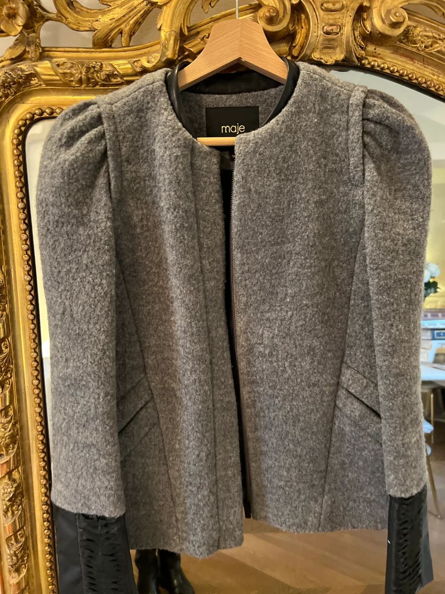 Veste Maje en laine grise col en cuir – Image 5
