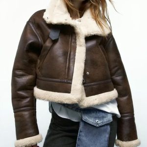 Blouson bombardier marron en simili cuir et fourré