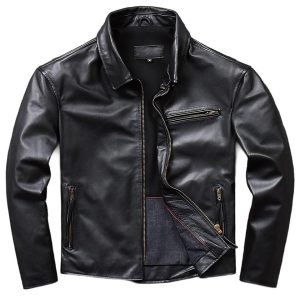 Blouson en cuir noir à col rabattu pour homme