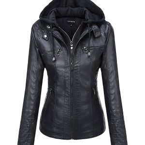 Blouson en simili-cuir et à capuche amovible pour femme