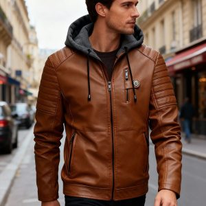 Blouson simili cuir homme à capuche amovible