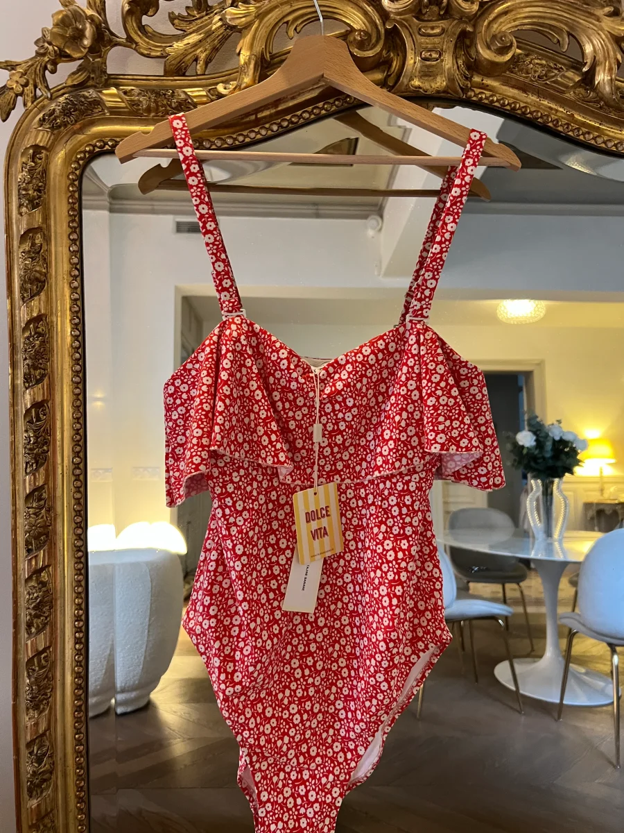 Tajine Banane - Maillot de bain rouge à fleurs blanches T.L