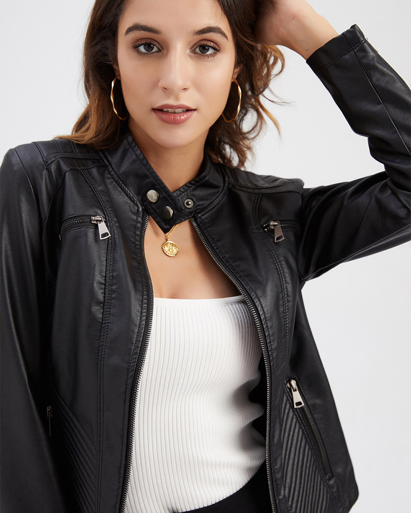 Blouson perfecto femme en simili-cuir et coupe ajustée – Image 7