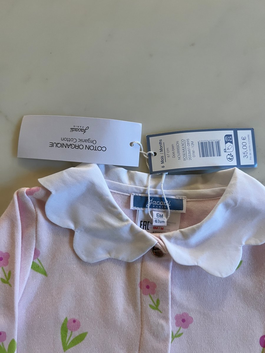 Jacadi- Pyjama en coton rose fleurs Neuf T.6mois – Image 4