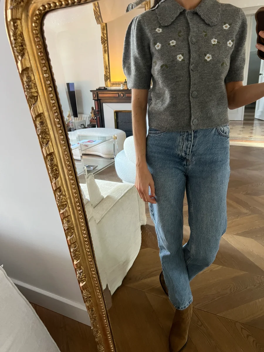 Primark - Pull gris manches courtes à fleurs – Image 2