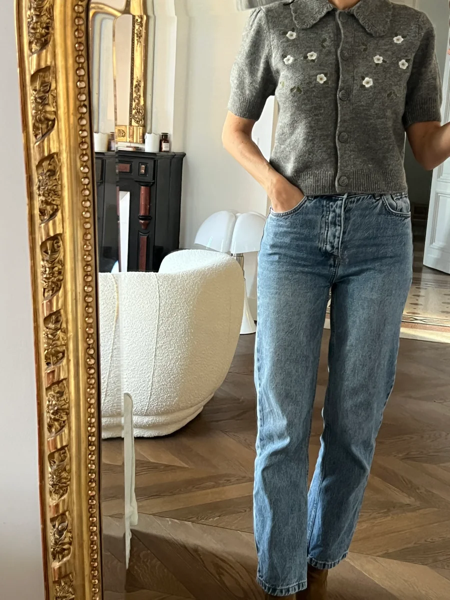 Primark - Pull gris manches courtes à fleurs – Image 3