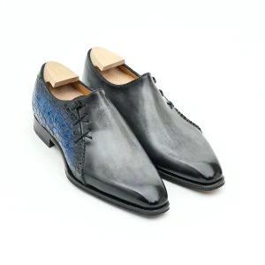 Richelieu à laçage latéral Lucas, bi-matière Crocodile Bleu