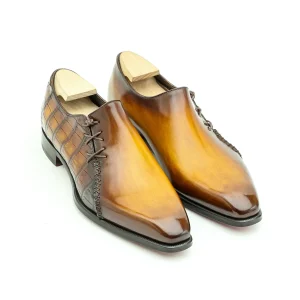 Richelieu à laçage latéral Lucas, bi-matière Crocodile Caramel