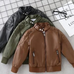 Blouson à col rond en simili cuir pour garçon
