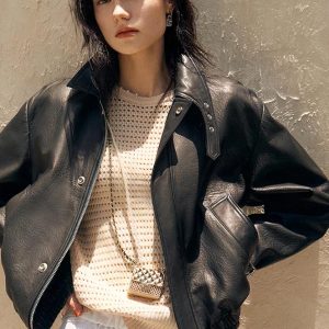 Blouson cuir noir à fermeture éclair