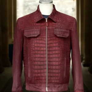 Veste en cuir de crocodile nubucké bordeaux & chèvre velours