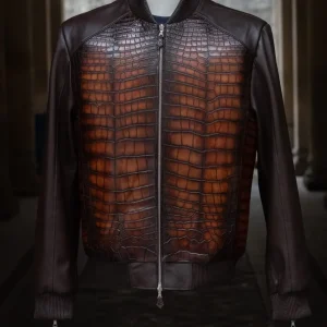 Veste City en cuir de crocodile patiné caramel et agneau plongé chocolat