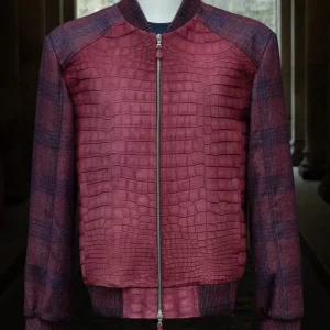 Veste City en cuir de crocodile nubucké bordeaux et tissu en alpaga