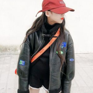 Blouson aviateur noir en simili cuir et fourré pour fille