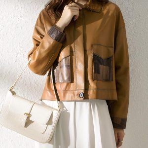 Blouson cuir femme coupe droite rétro marron