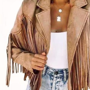 Blouson imitation daim femme court cintré à franges longues