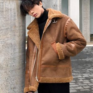 Blouson imitation daim homme avec col à revers en peluche