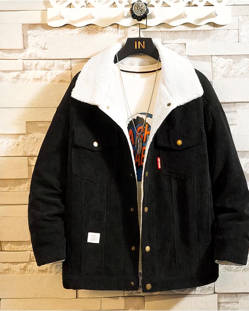 Blouson décontracté noir en velours côtelé pour homme – Image 2