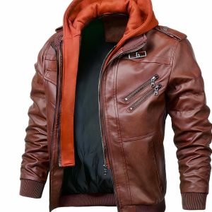 Blouson en simili cuir à capuche et col montant pour homme