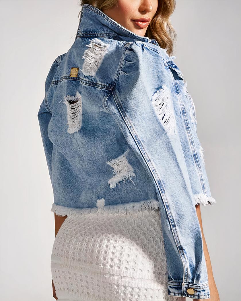 Blouson en jean clair très court avec déchirures pour femme – Image 3