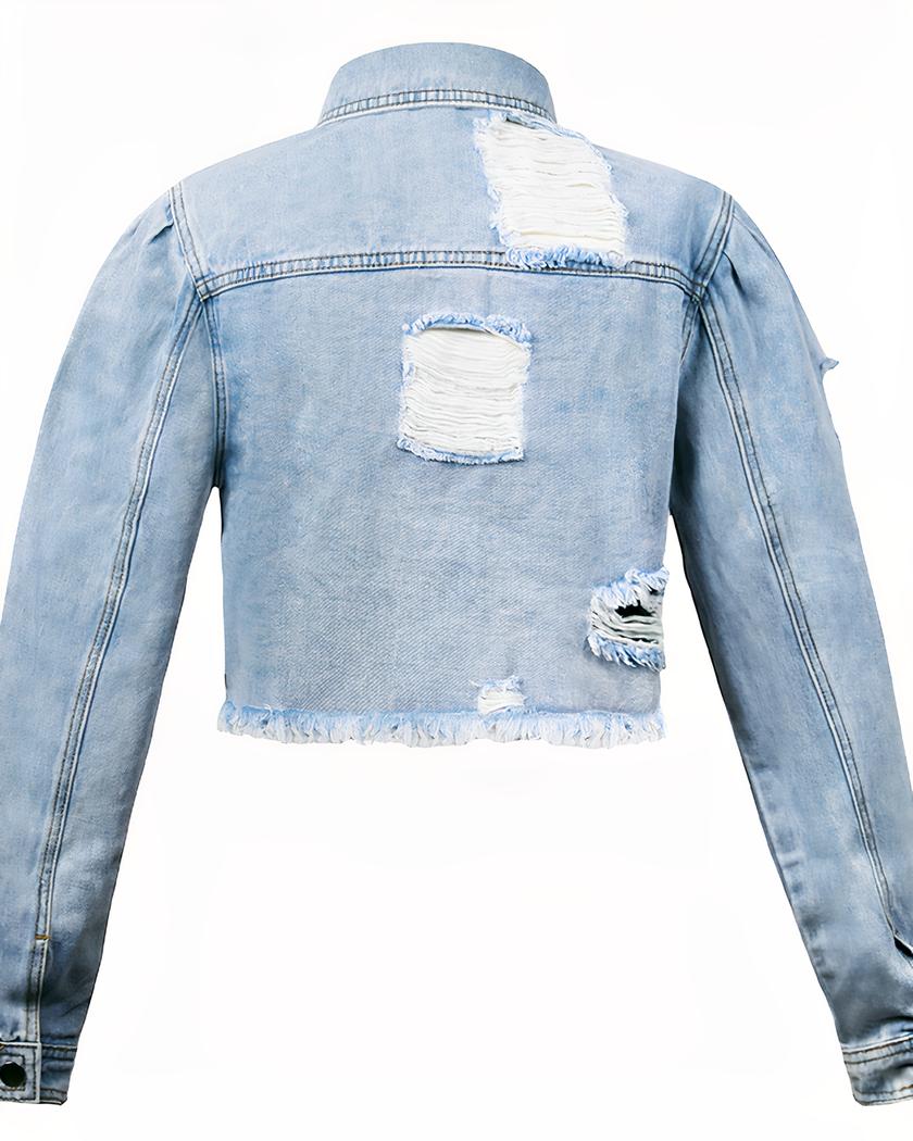 Blouson en jean clair très court avec déchirures pour femme – Image 5