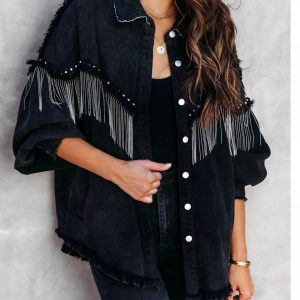 Blouson en jean noir à franges pour femme
