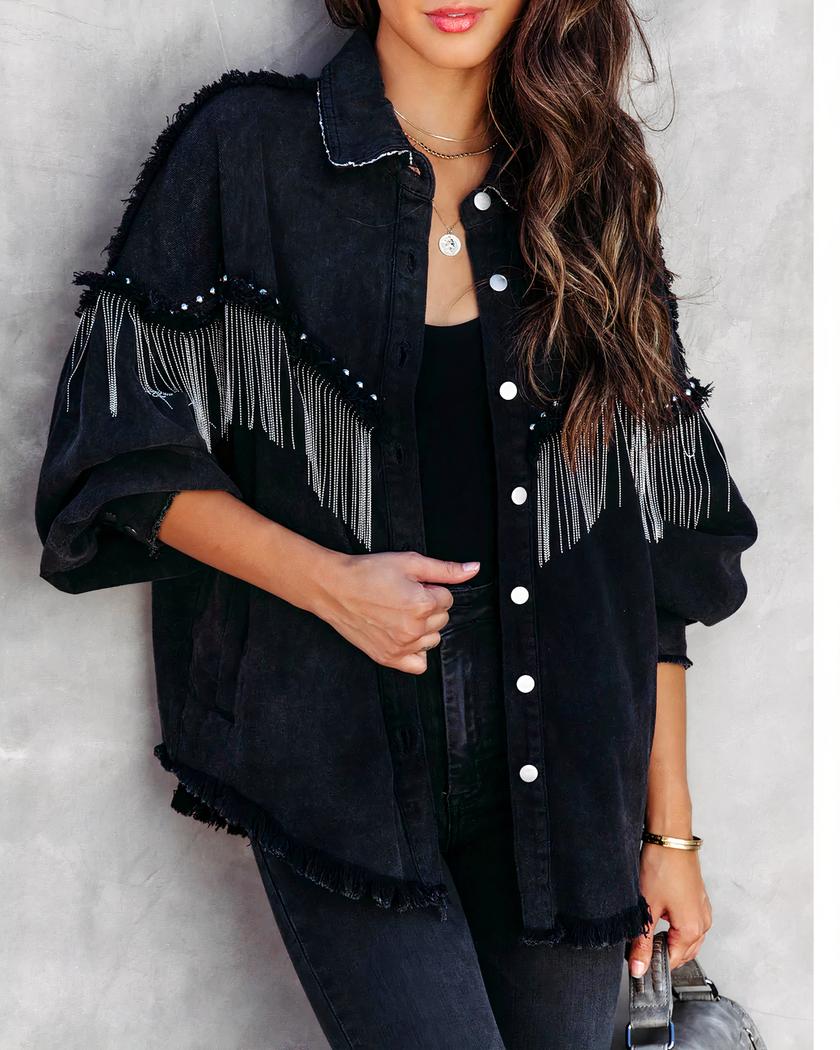 Blouson en jean noir à franges pour femme