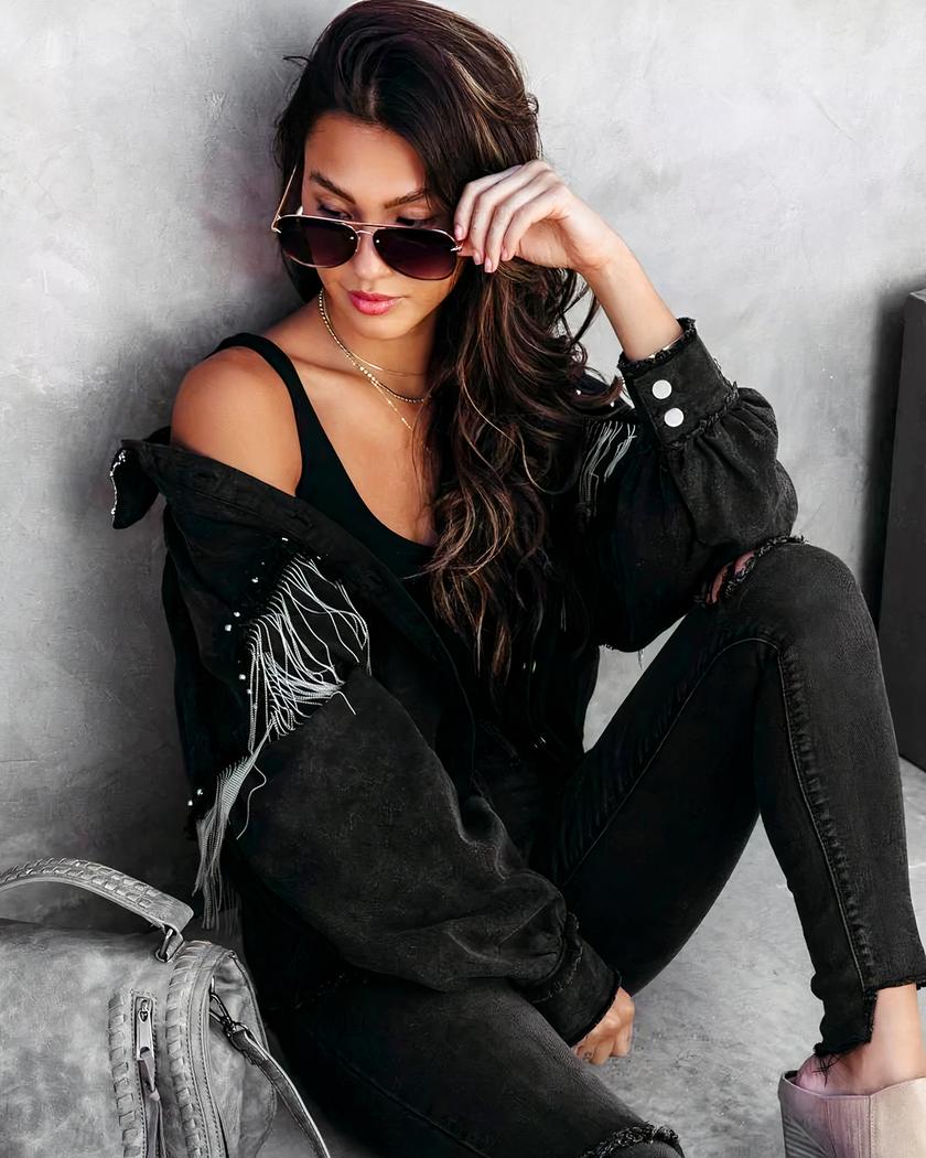 Blouson en jean noir à franges pour femme – Image 4