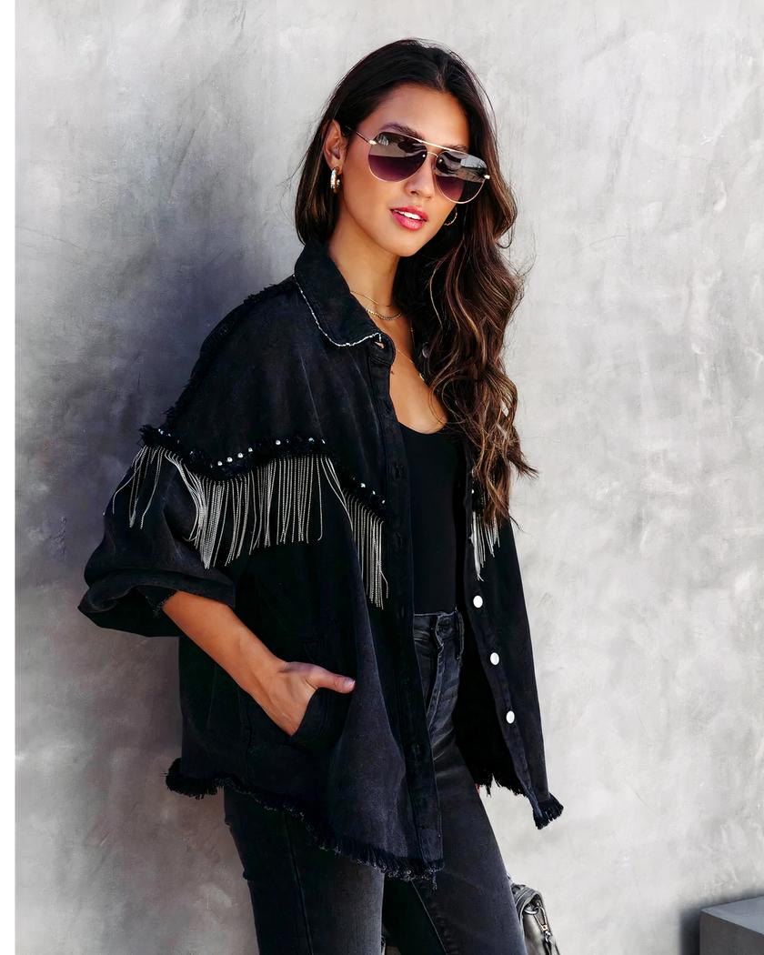 Blouson en jean noir à franges pour femme – Image 5