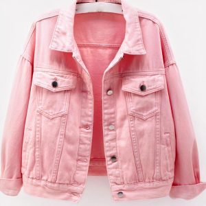 Blouson en jean rose à simple boutonnage pour femme