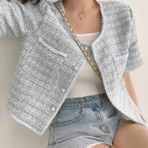 Blouson en tweed à manches courtes pour femme pour l’été